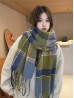 Plaid Patterned Blanket Scarf with Long Fringe